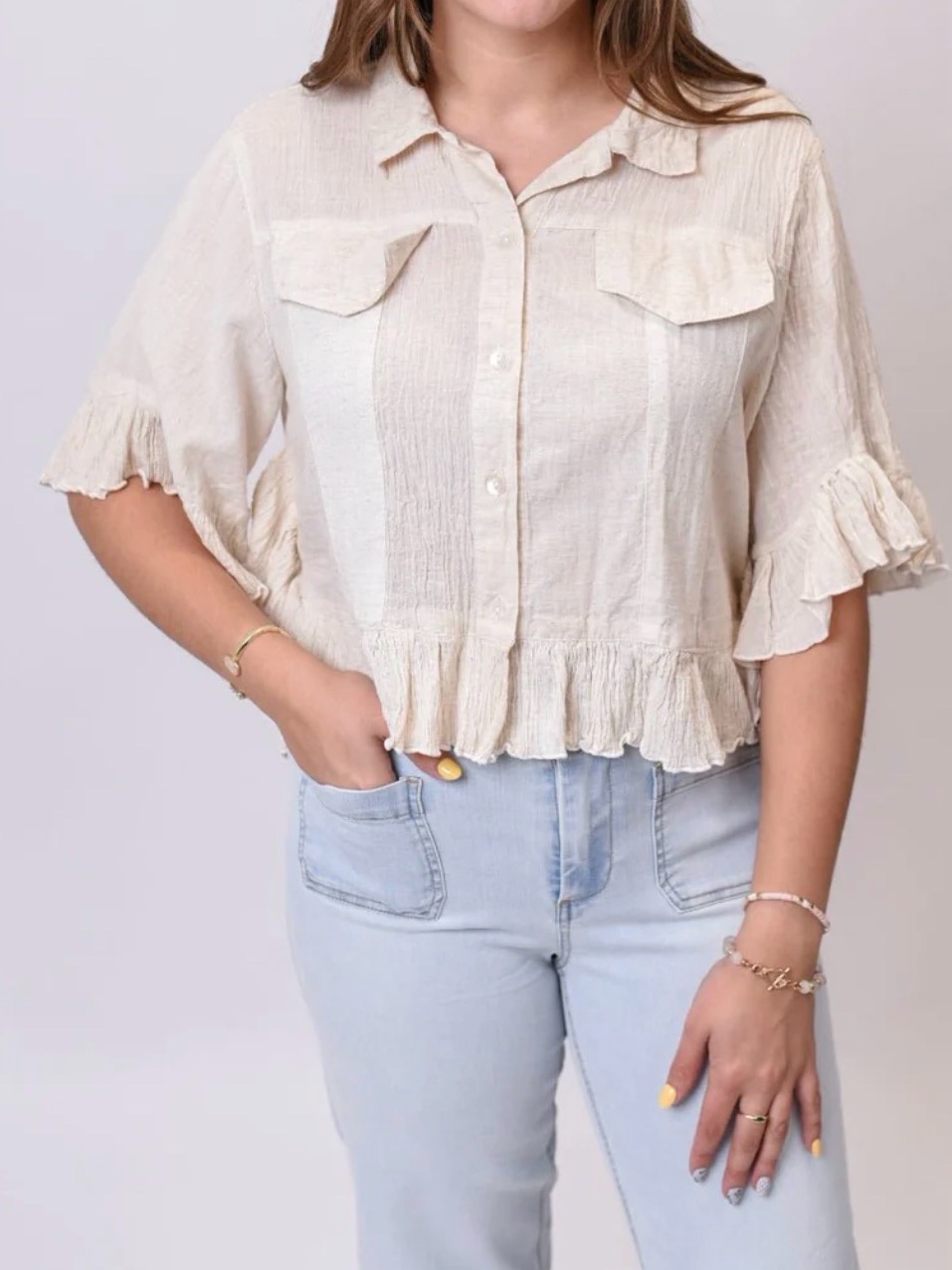 Young Thread Natural Ruffle-Hem Button-Up Shacket